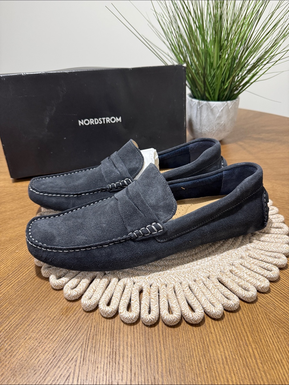 NEW Nordstrom men’s 13 M navy blue suede driver penny loafer shoes NWB